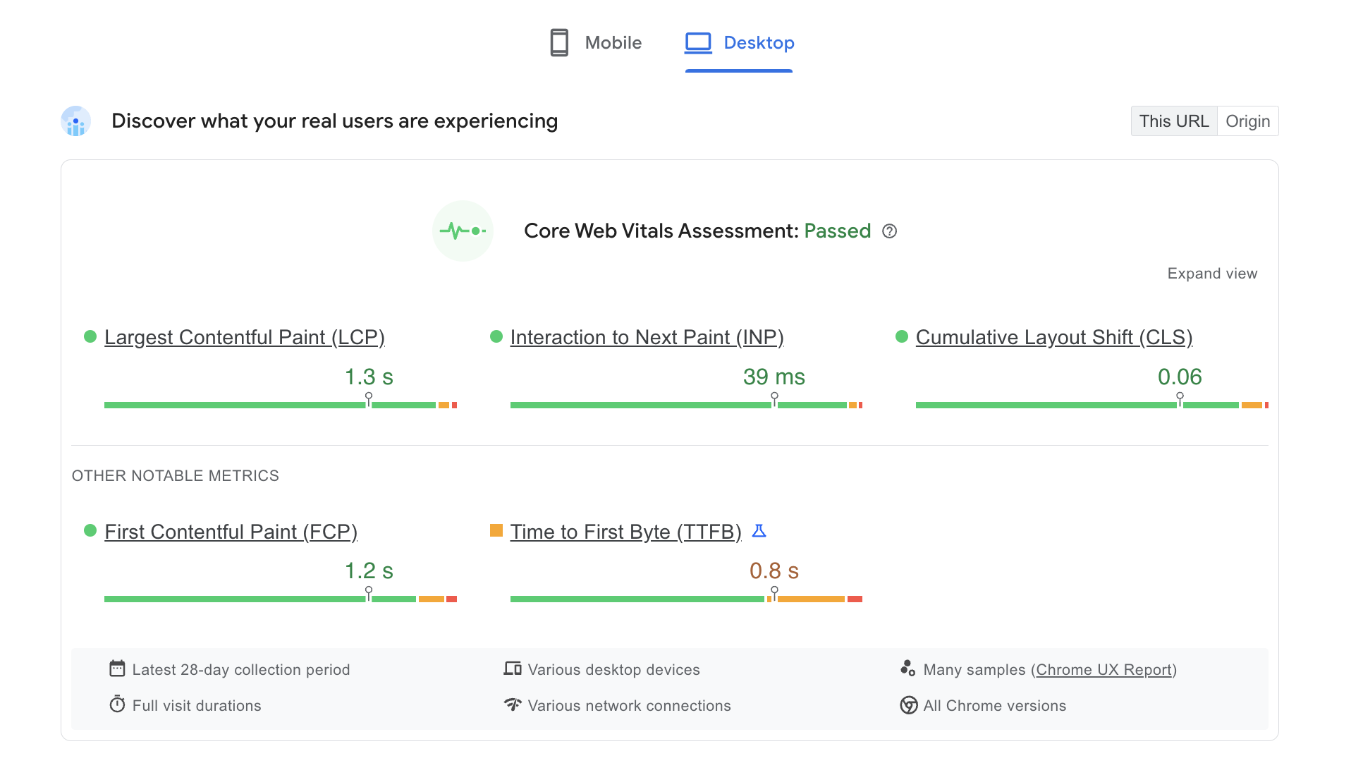 PSI Report Core Web Vital assesssment passed